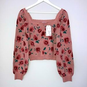 WILLOW & WIND Pink Floral Balloon Sleeve Sweater Top MEDIUM NO TAGS WORN ONCE
